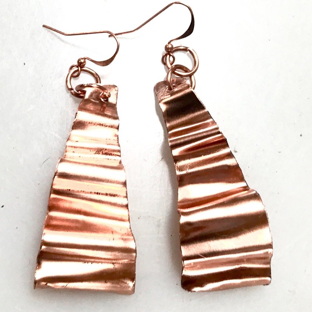 Solid Copper Crinkle Long Earrings Rustic Dangle Handmade Artisan Form Folded - Picture 4 of 8